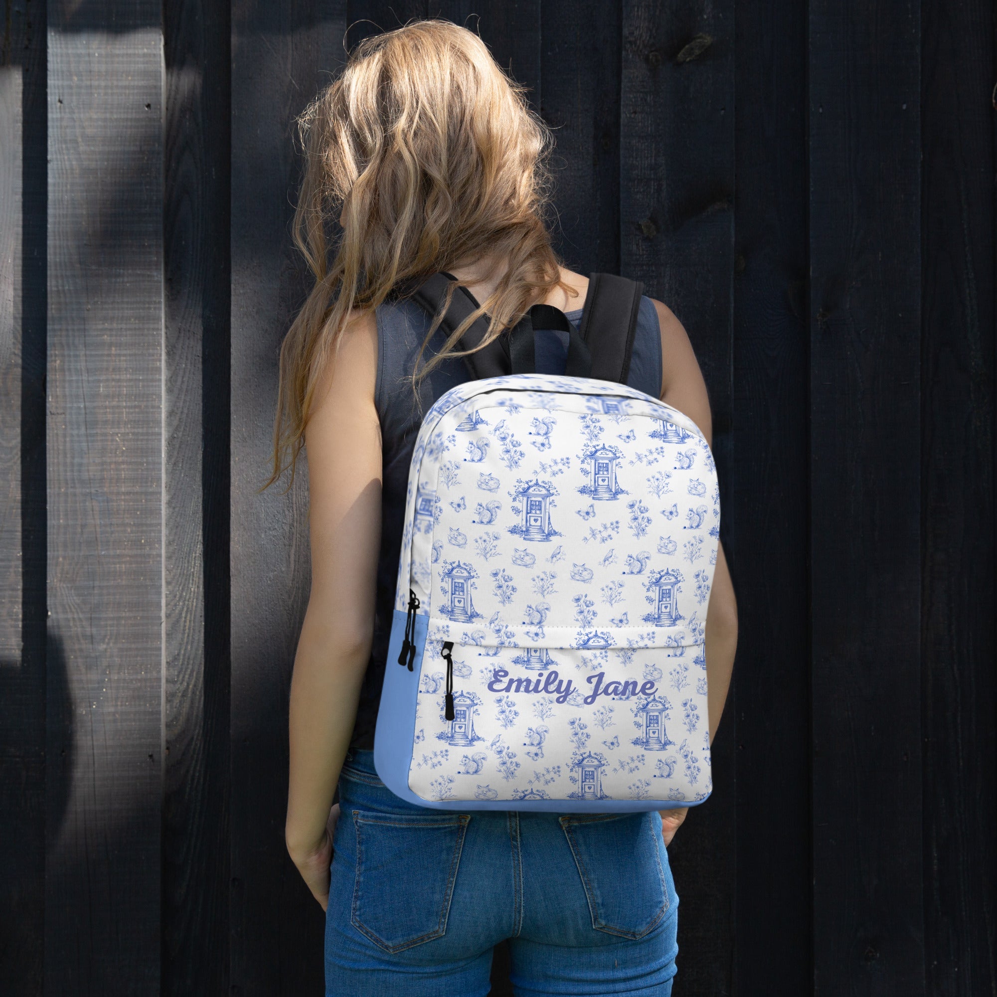Vintage Blue Toile Printed Backpack with Custom Name