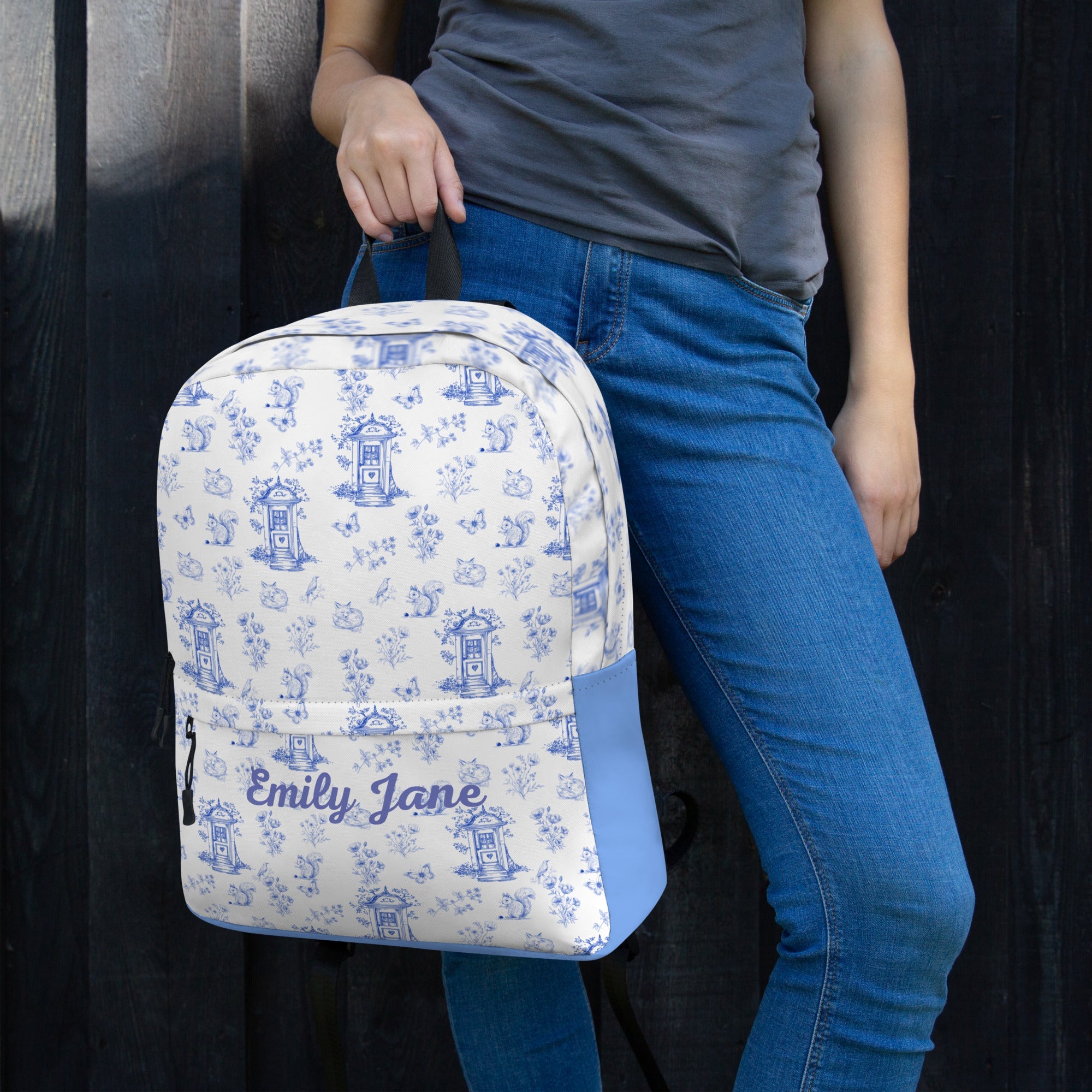 Vintage Blue Toile Printed Backpack with Custom Name