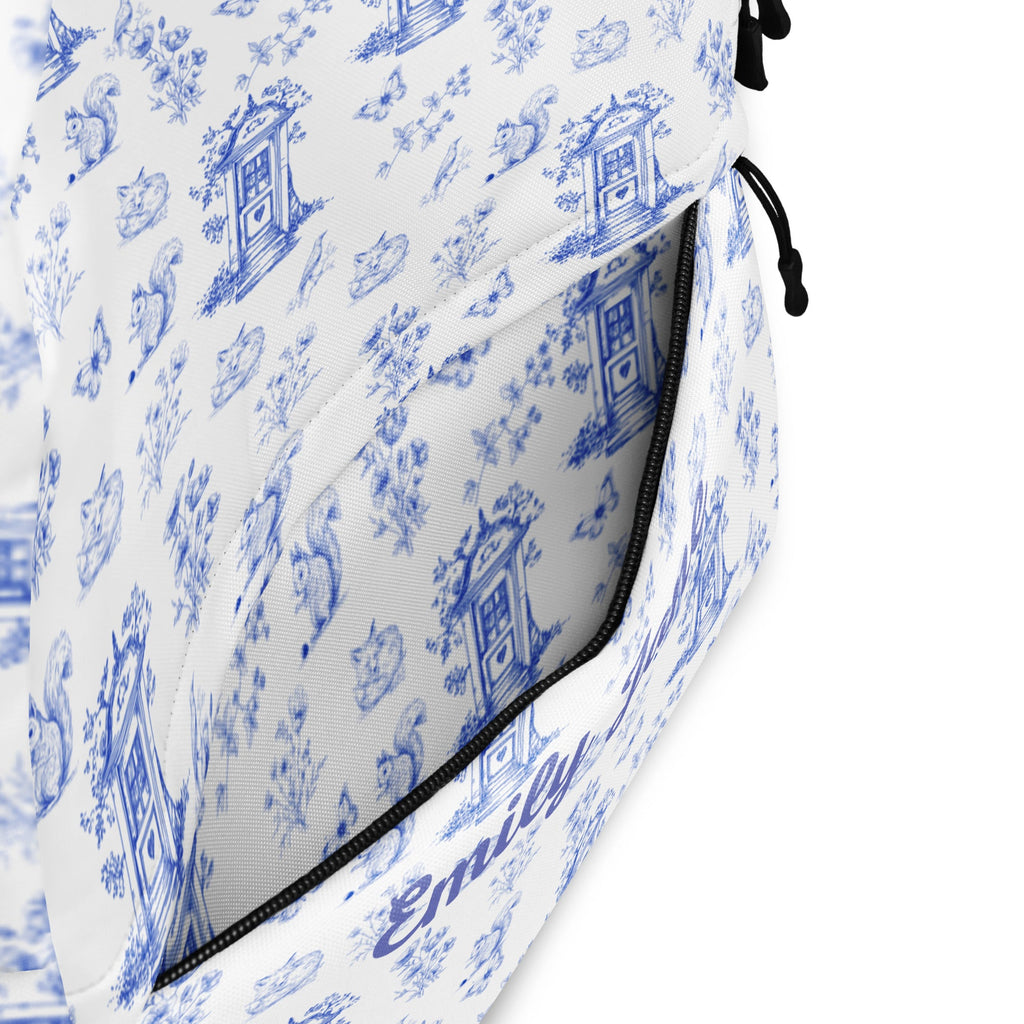 Vintage Blue Toile Printed Backpack with Custom Name