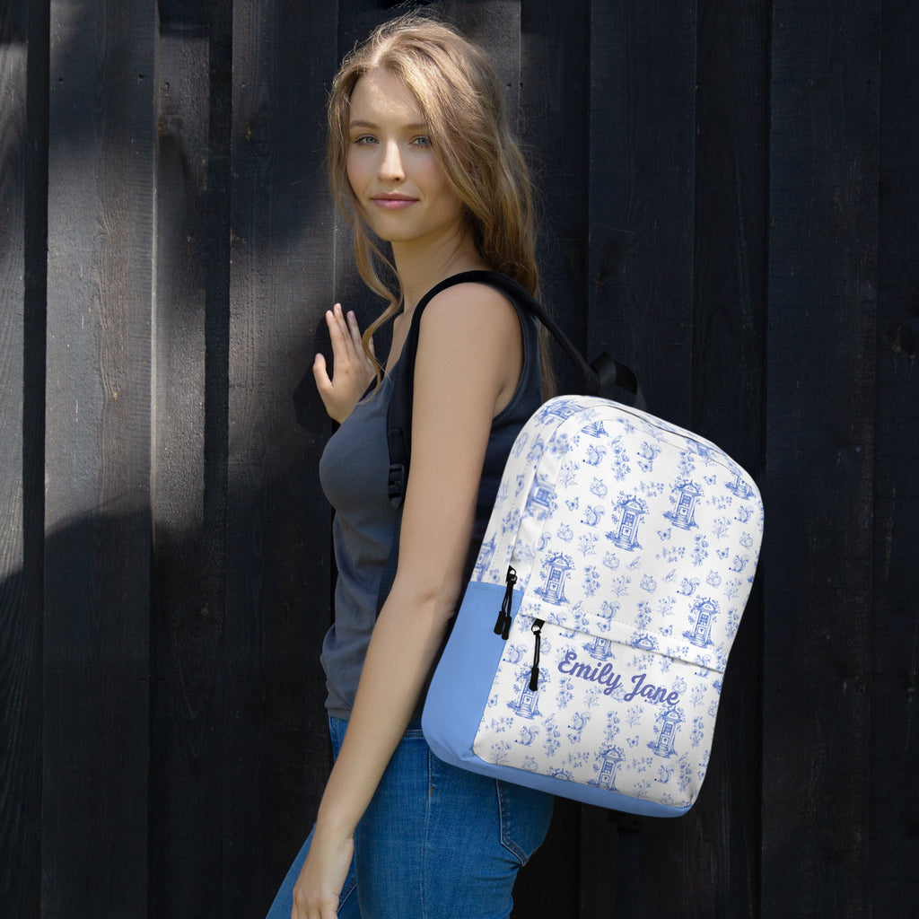 Vintage Blue Toile Printed Backpack with Custom Name