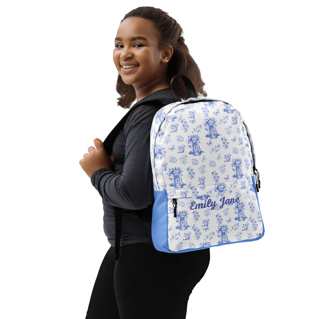 Vintage Blue Toile Printed Backpack with Custom Name