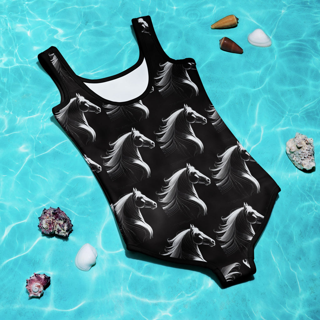 White Horses on Black All-Over Print Kids Swimsuit