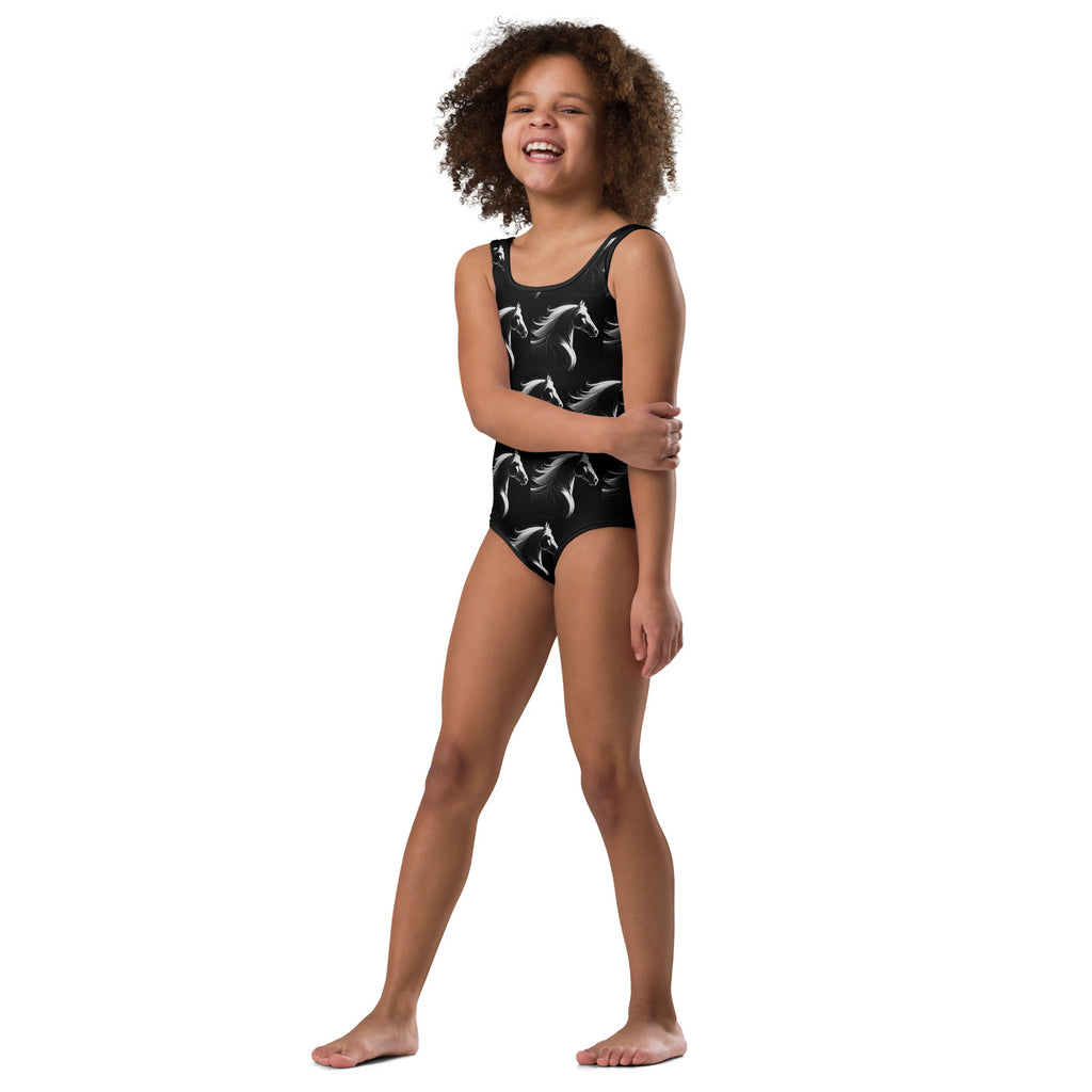 White Horses on Black All-Over Print Kids Swimsuit