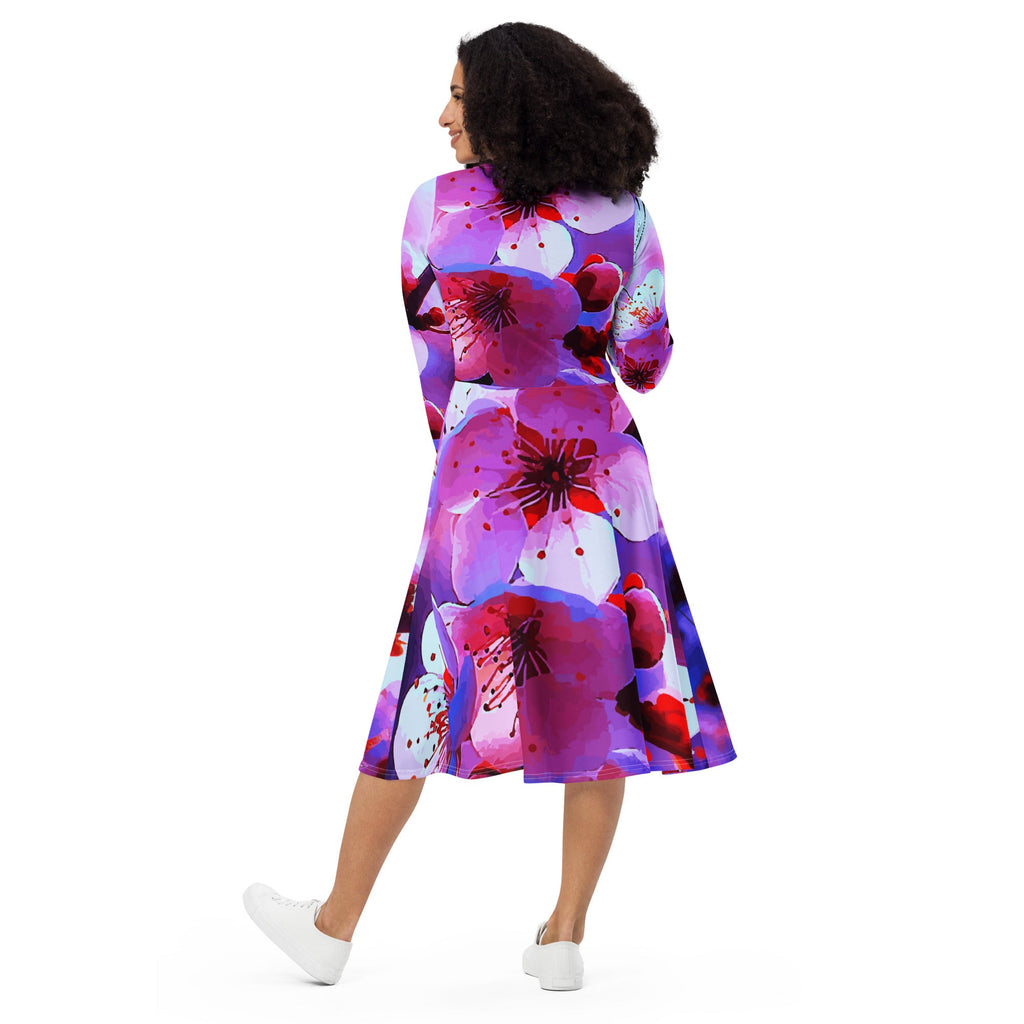 Beautiful Butterfly with Cherry Blossoms Printed Long Sleeve Midi Dress