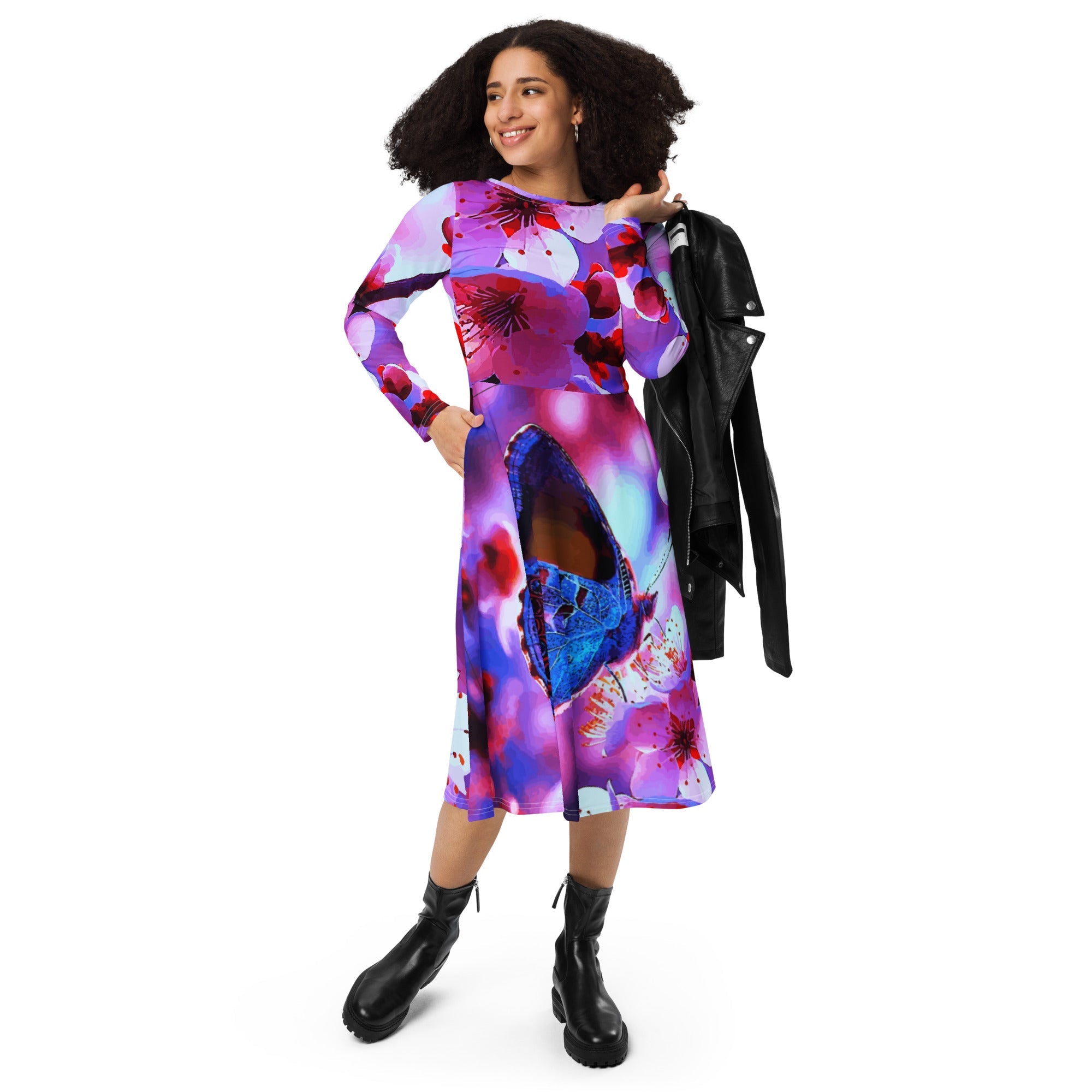 Beautiful Butterfly with Cherry Blossoms Printed Long Sleeve Midi Dress