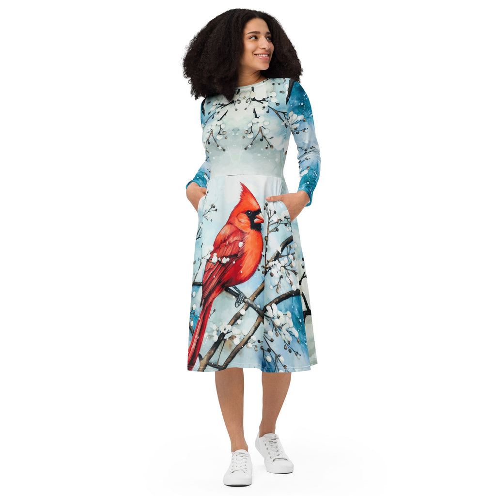 Red Bird in the Snow Printed Long Sleeve Midi Dress