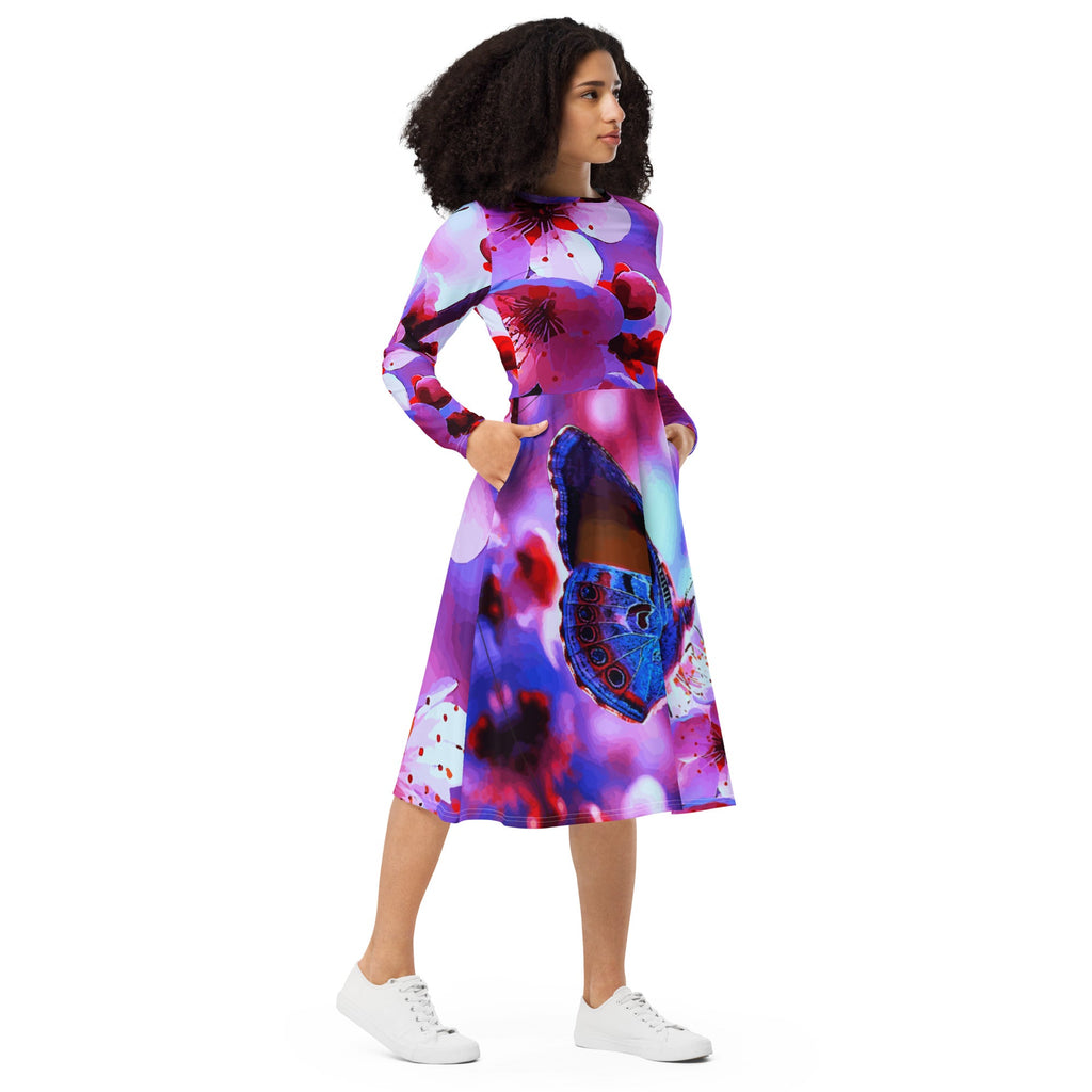 Beautiful Butterfly with Cherry Blossoms Printed Long Sleeve Midi Dress