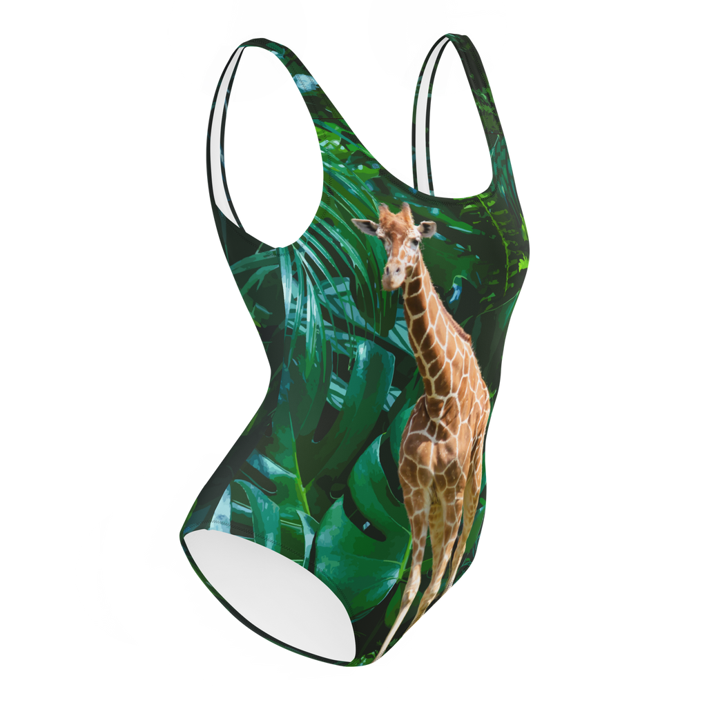 Tall Giraffe Surrounded by Greenery One-Piece Swimsuit