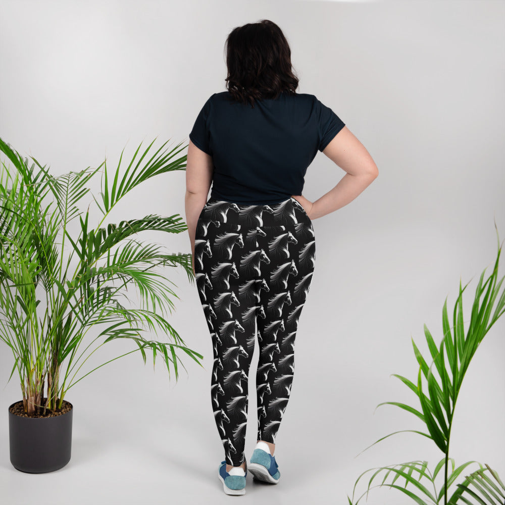 White Horse on Black Printed Plus Size Leggings