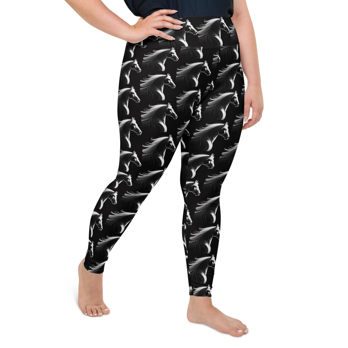 White Horse on Black Printed Plus Size Leggings