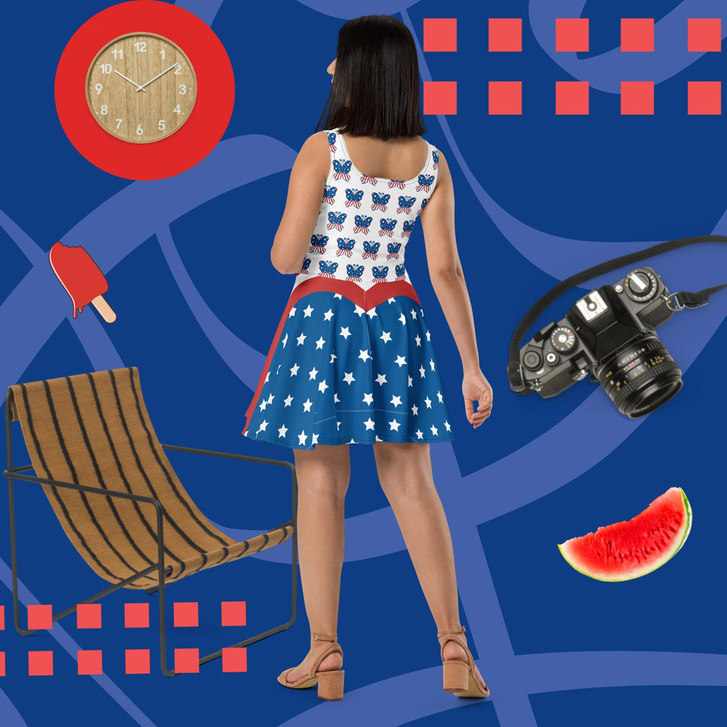 USA Red White & Blue Patriotic 4th of July Short Skater Dress
