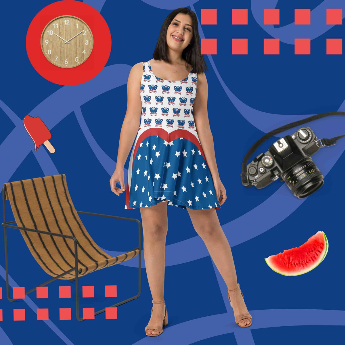 USA Red White & Blue Patriotic 4th of July Short Skater Dress