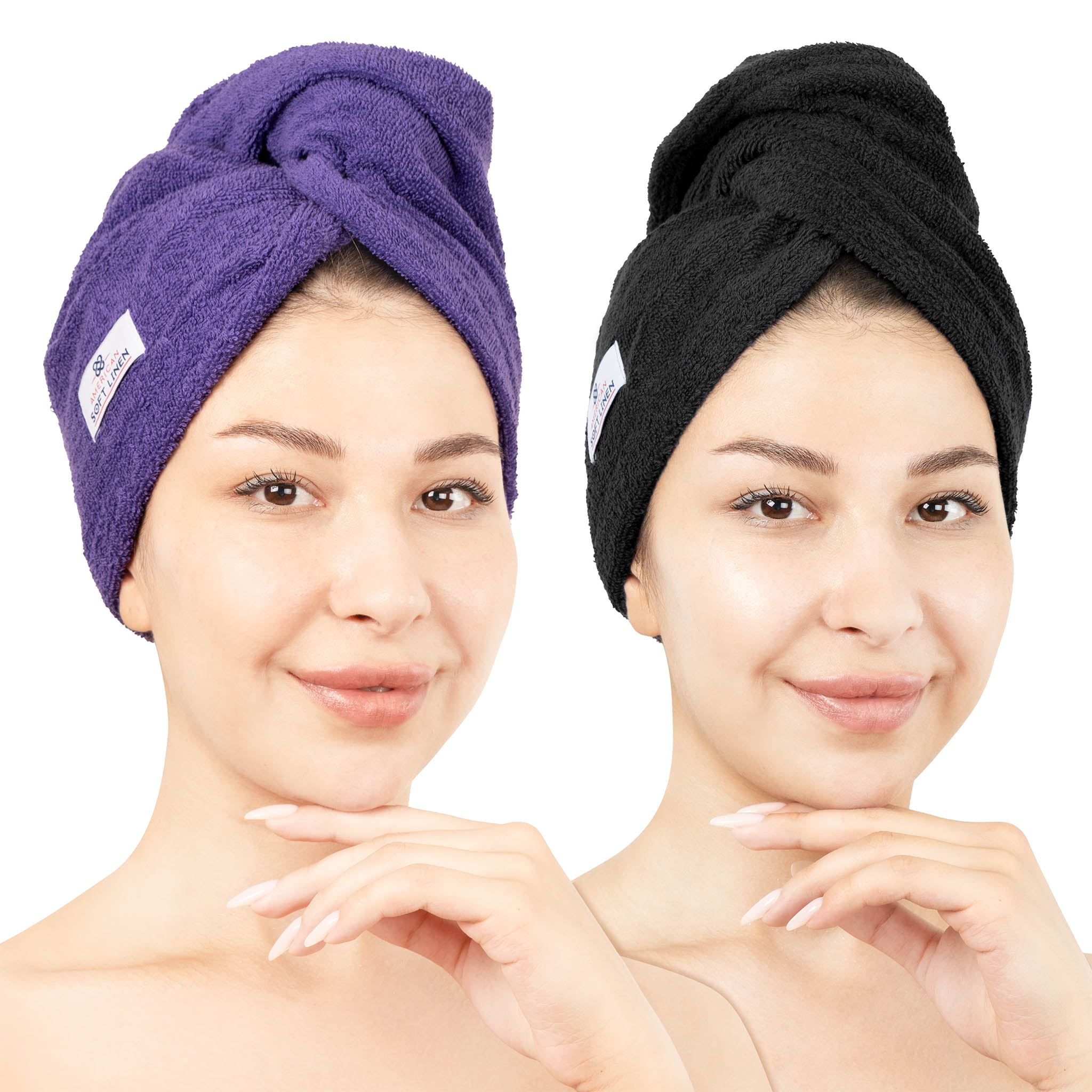American Soft Linen 100% Cotton Hair Drying Towels for Women, 2 Pack Head Towel Cap