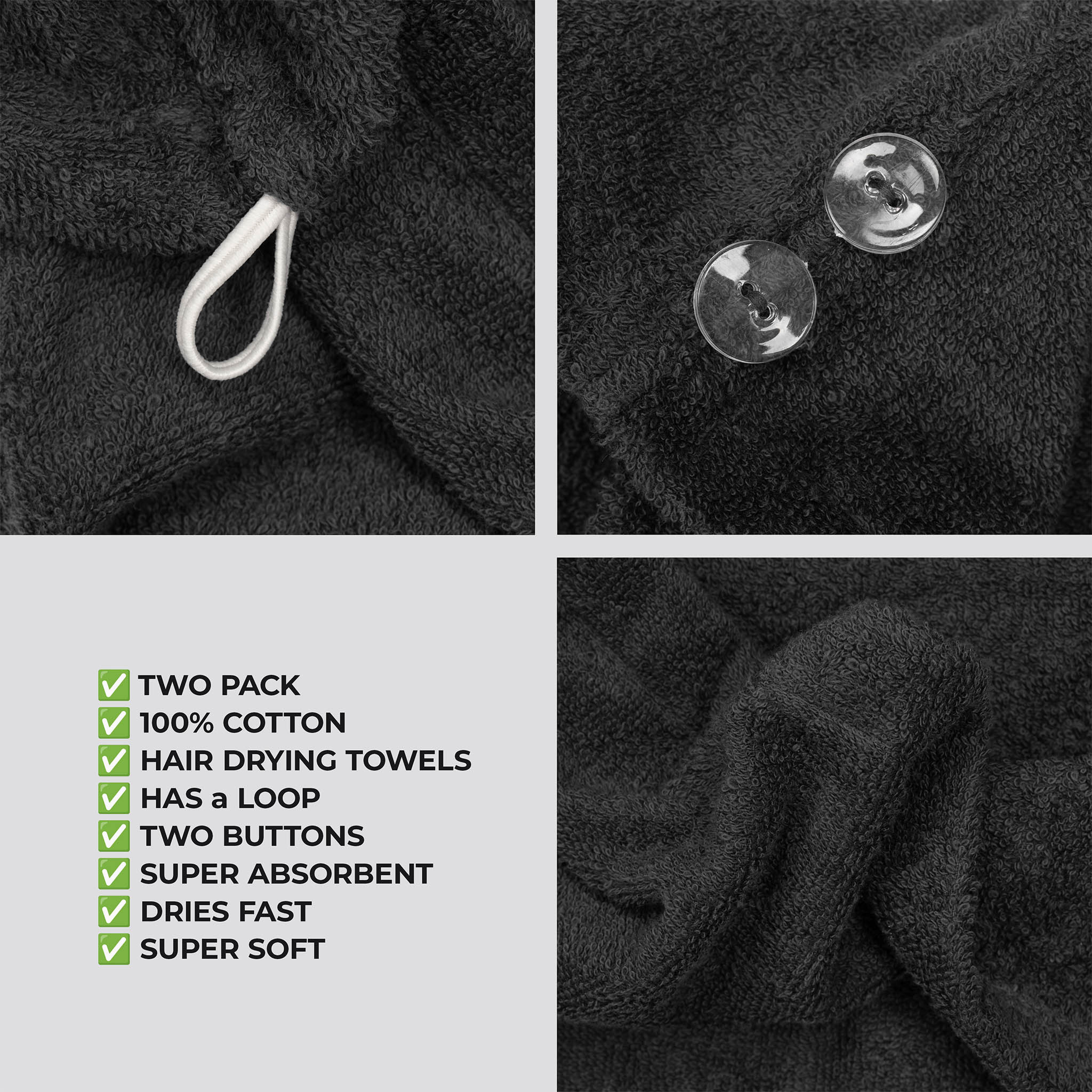 American Soft Linen 100% Cotton Hair Drying Towels for Women, 2 Pack Head Towel Cap