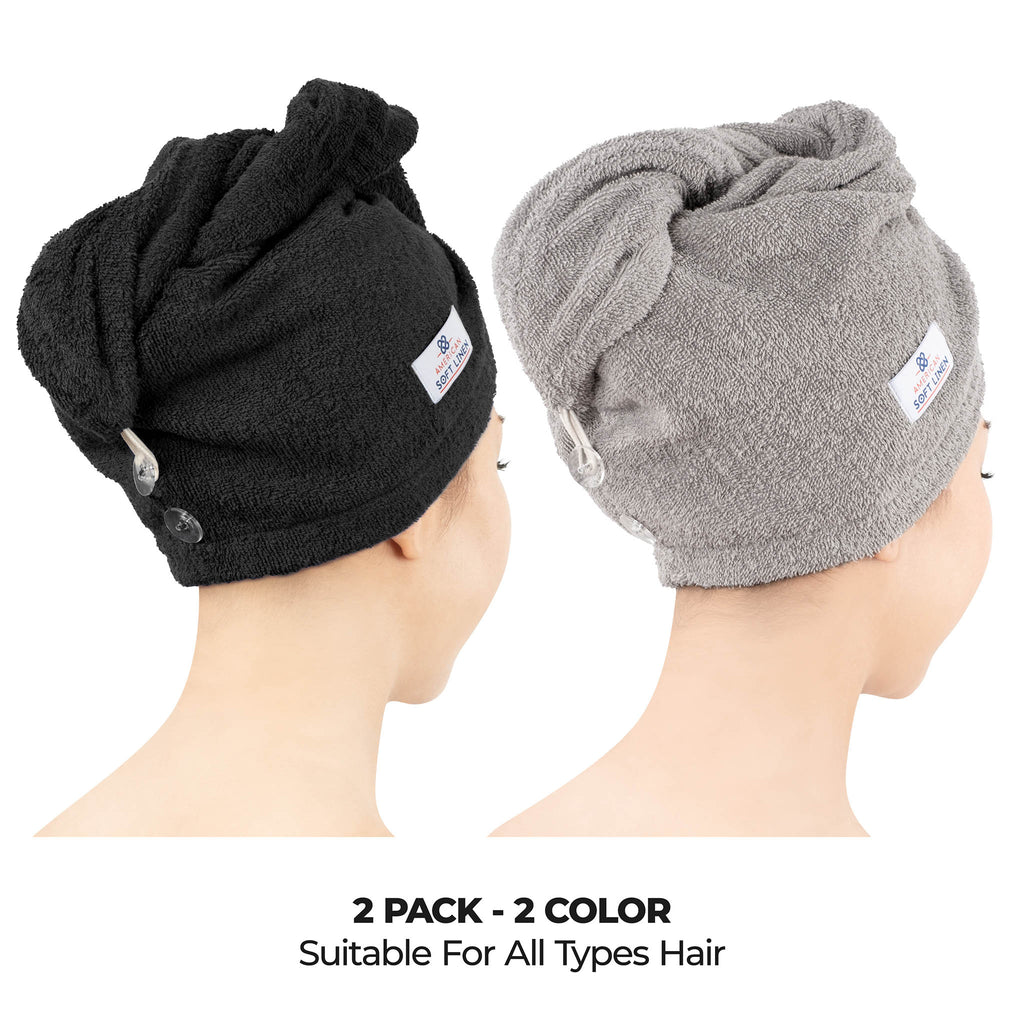 American Soft Linen 100% Cotton Hair Drying Towels for Women, 2 Pack Head Towel Cap