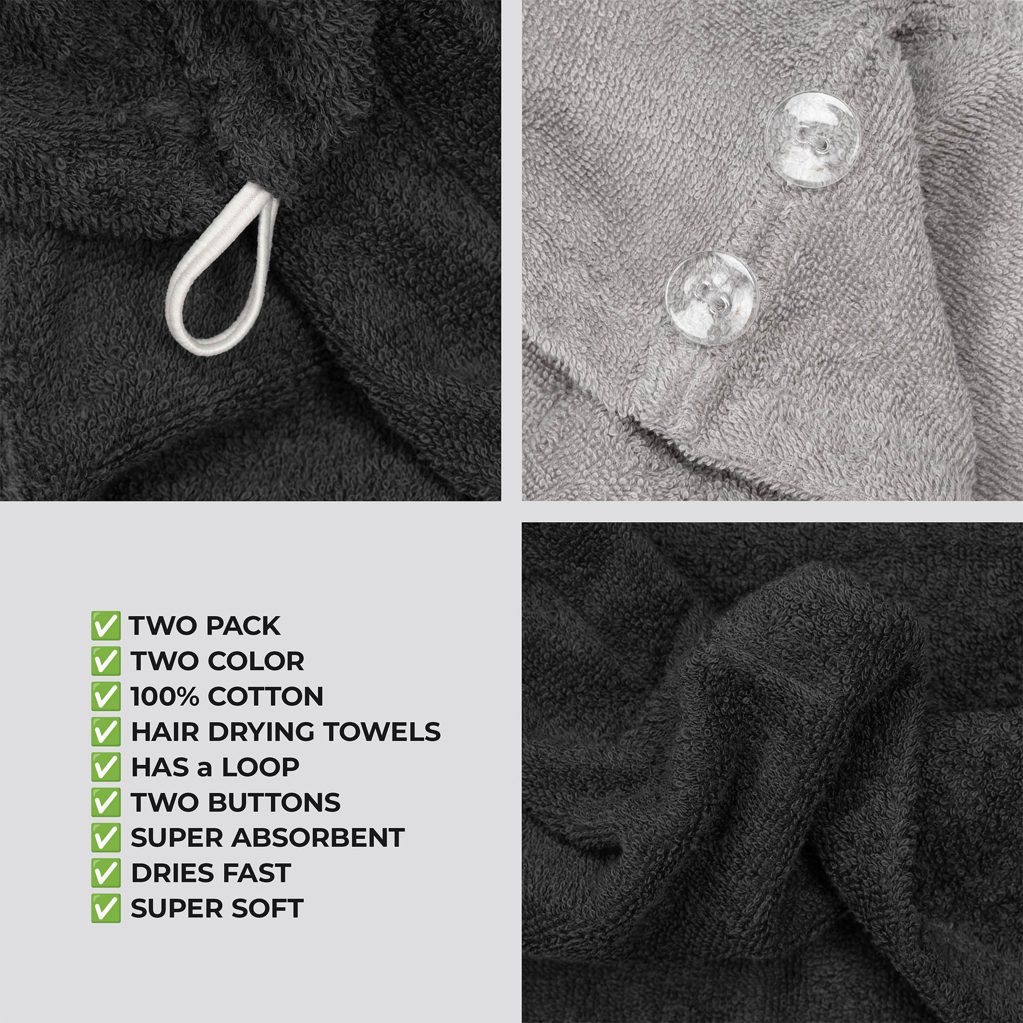 American Soft Linen 100% Cotton Hair Drying Towels for Women, 2 Pack Head Towel Cap