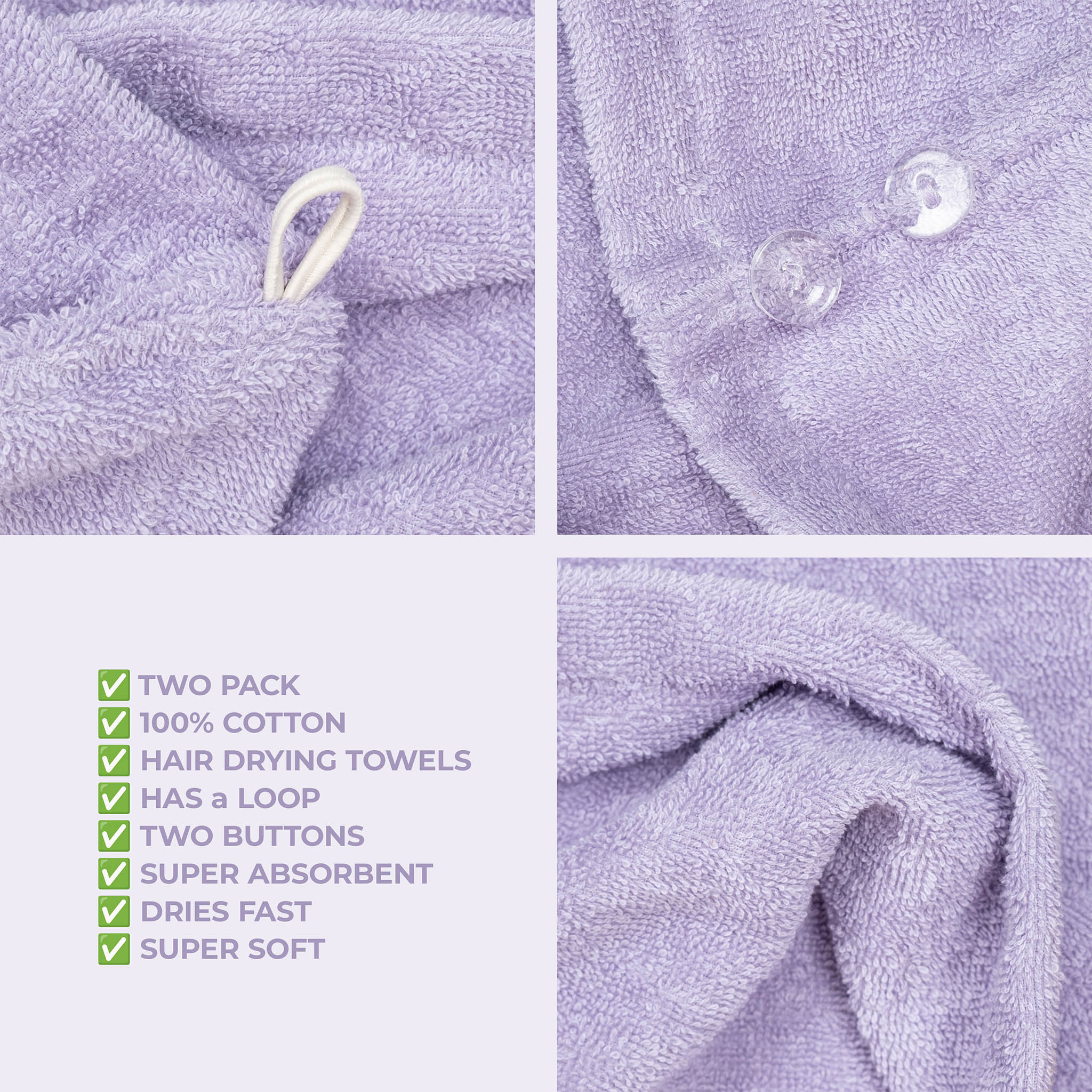 American Soft Linen 100% Cotton Hair Drying Towels for Women, 2 Pack Head Towel Cap