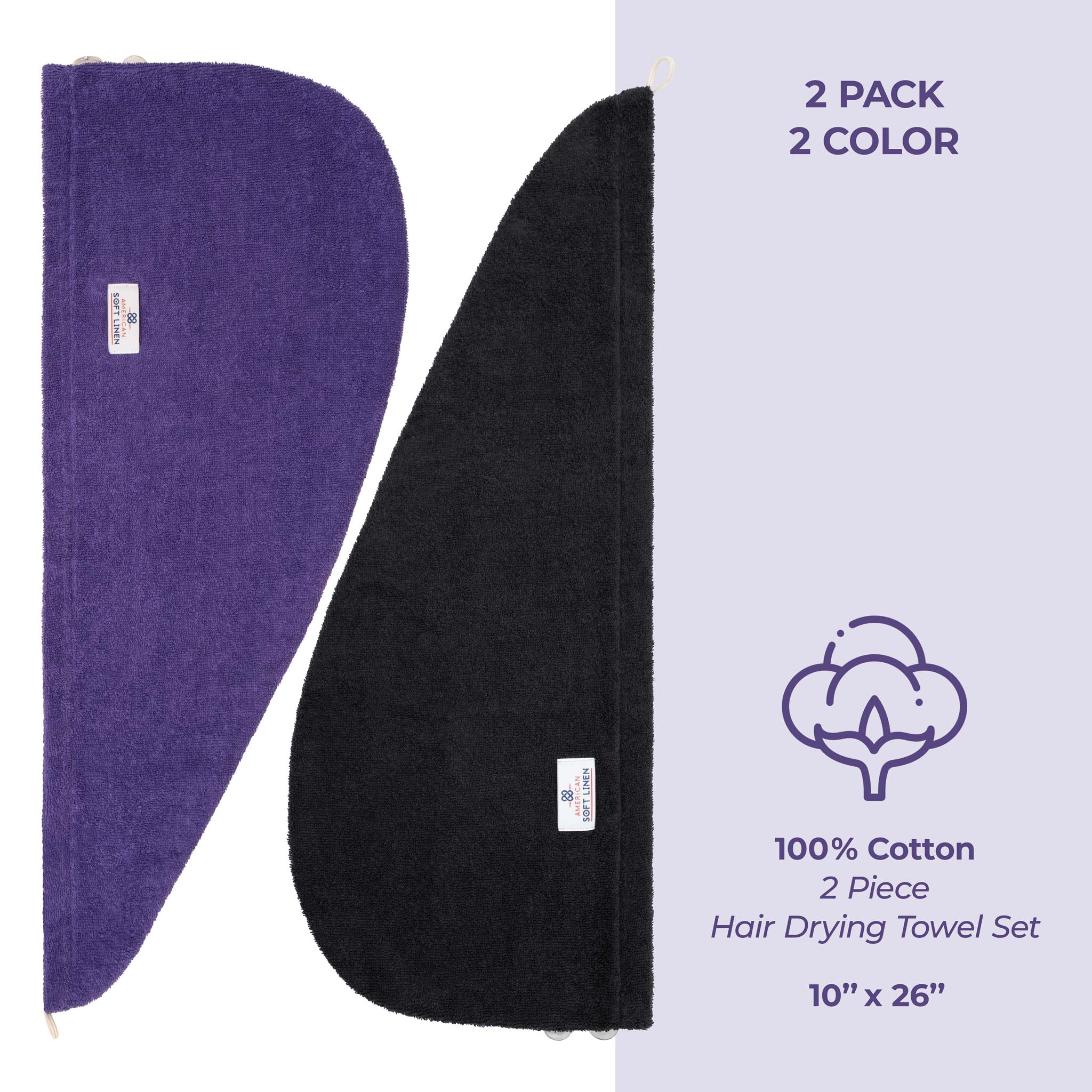 American Soft Linen 100% Cotton Hair Drying Towels for Women, 2 Pack Head Towel Cap