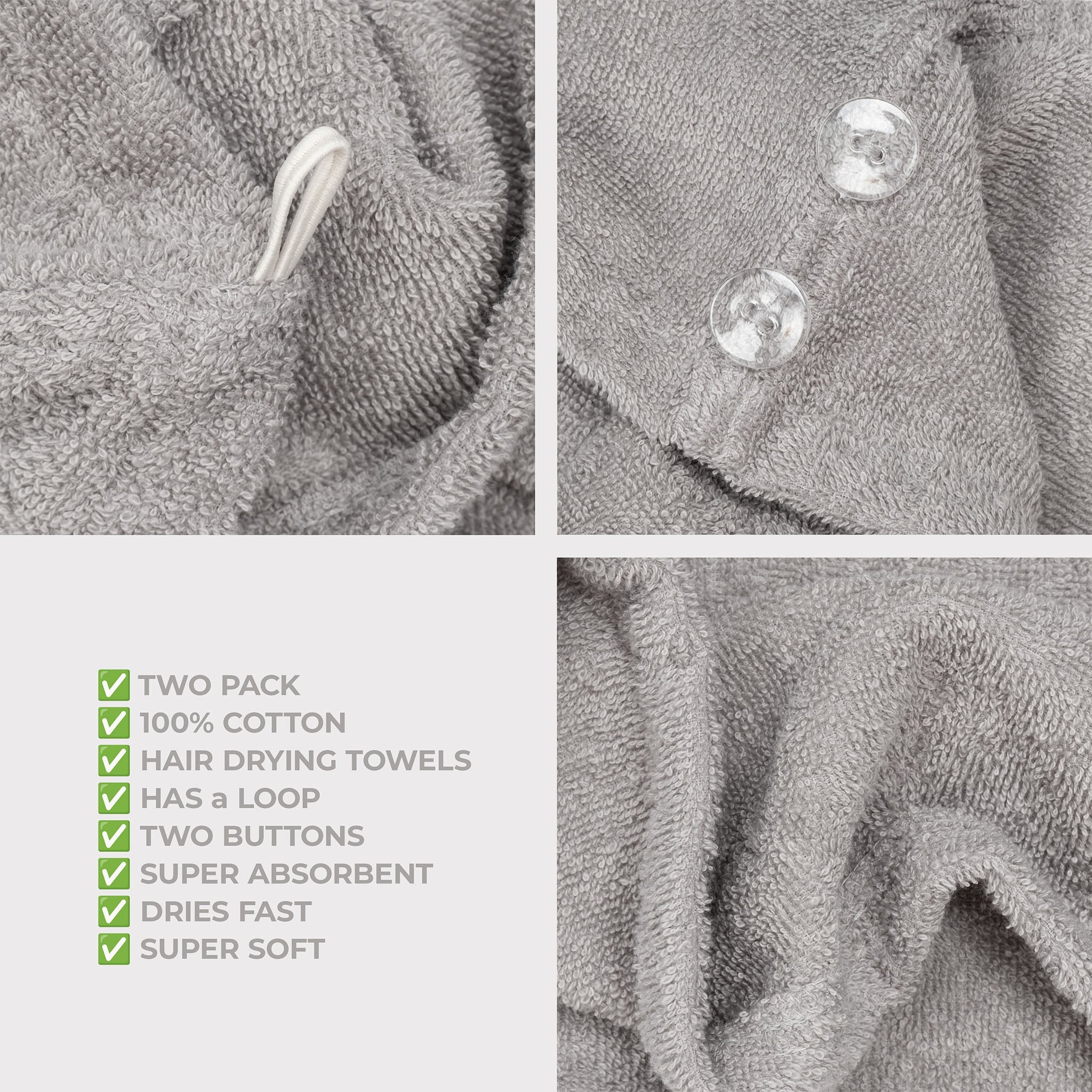 American Soft Linen 100% Cotton Hair Drying Towels for Women, 2 Pack Head Towel Cap