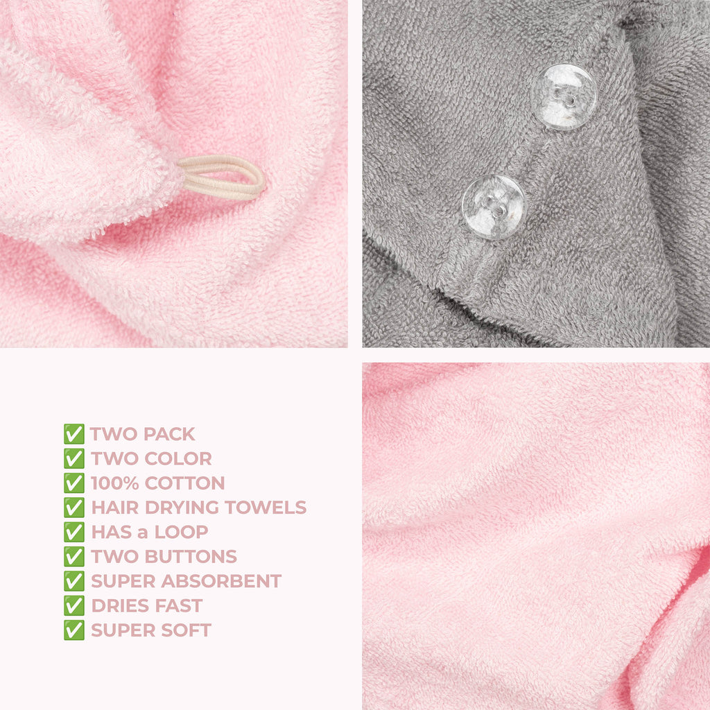 American Soft Linen 100% Cotton Hair Drying Towels for Women, 2 Pack Head Towel Cap