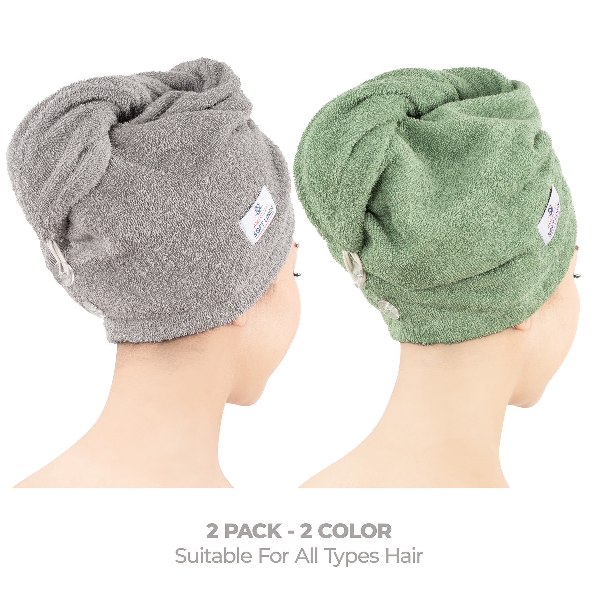 American Soft Linen 100% Cotton Hair Drying Towels for Women, 2 Pack Head Towel Cap