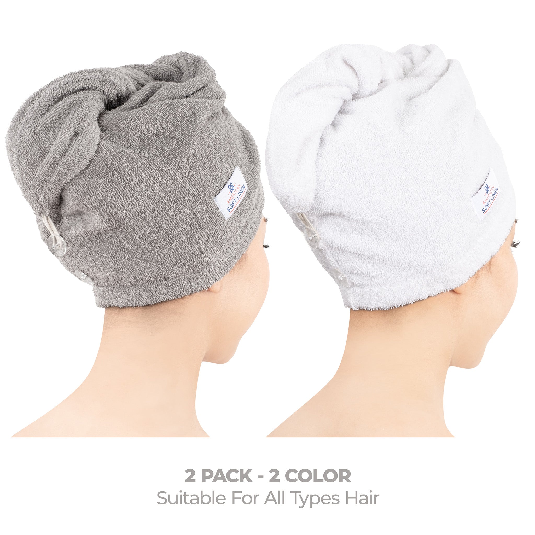 American Soft Linen 100% Cotton Hair Drying Towels for Women, 2 Pack Head Towel Cap