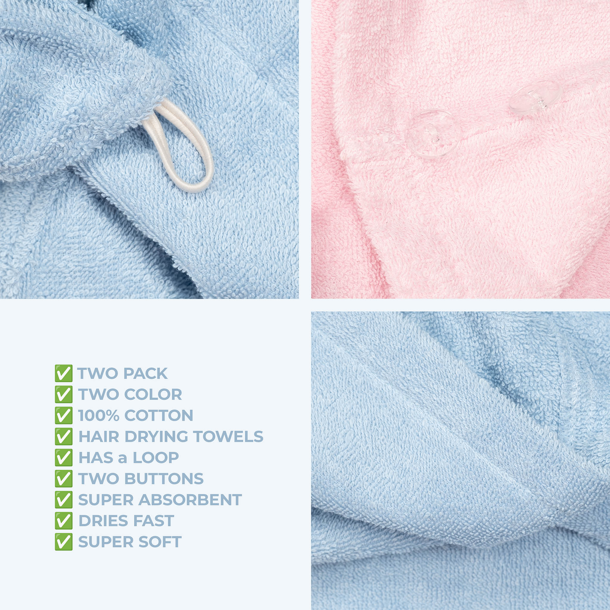 American Soft Linen 100% Cotton Hair Drying Towels for Women, 2 Pack Head Towel Cap