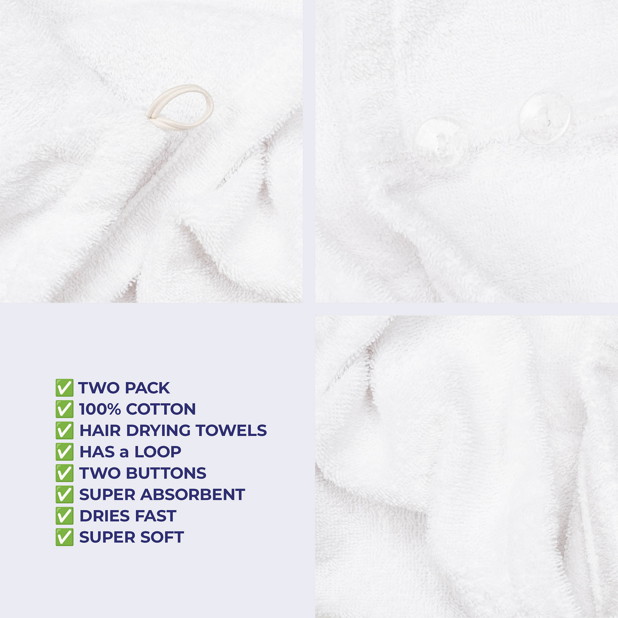 American Soft Linen 100% Cotton Hair Drying Towels for Women, 2 Pack Head Towel Cap