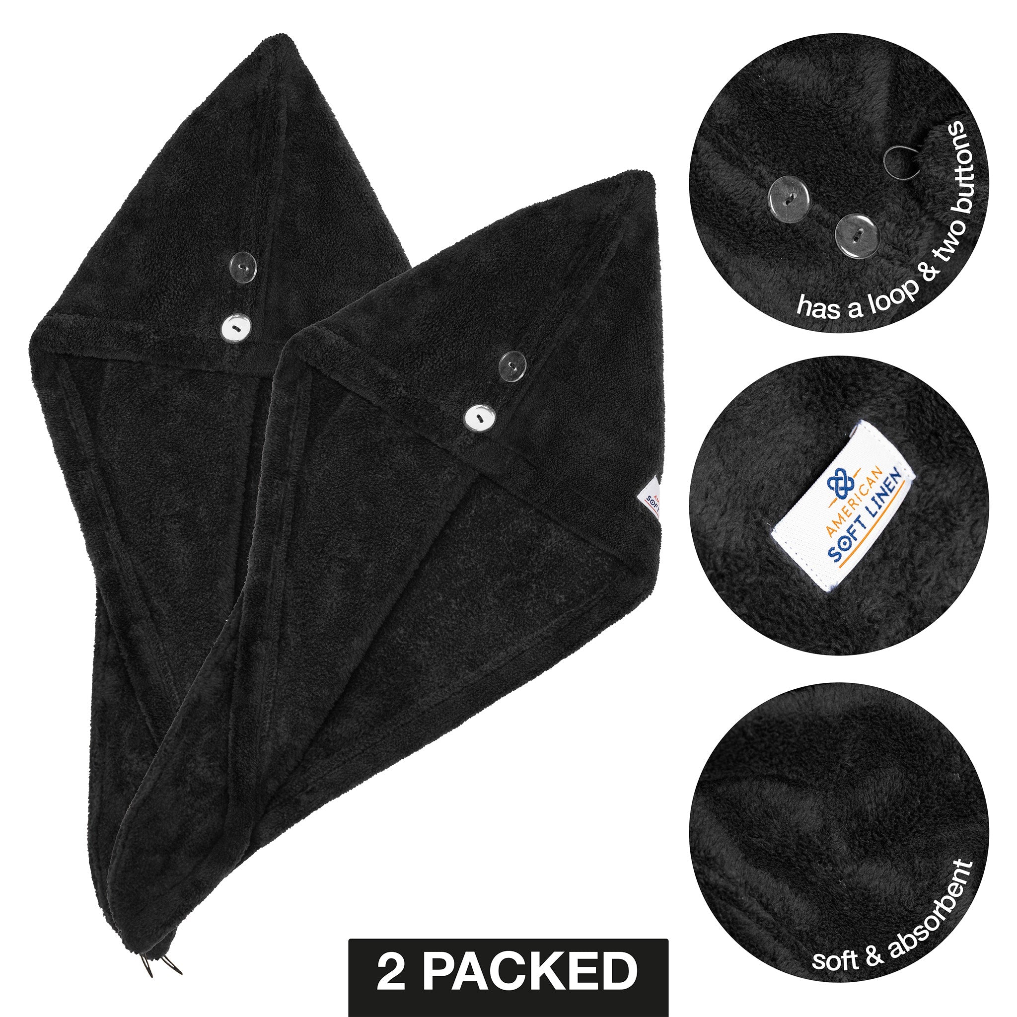 American Soft Linen Extremely Soft, Super Absorbent and Fast Drying Hair Towel with 2 buttons