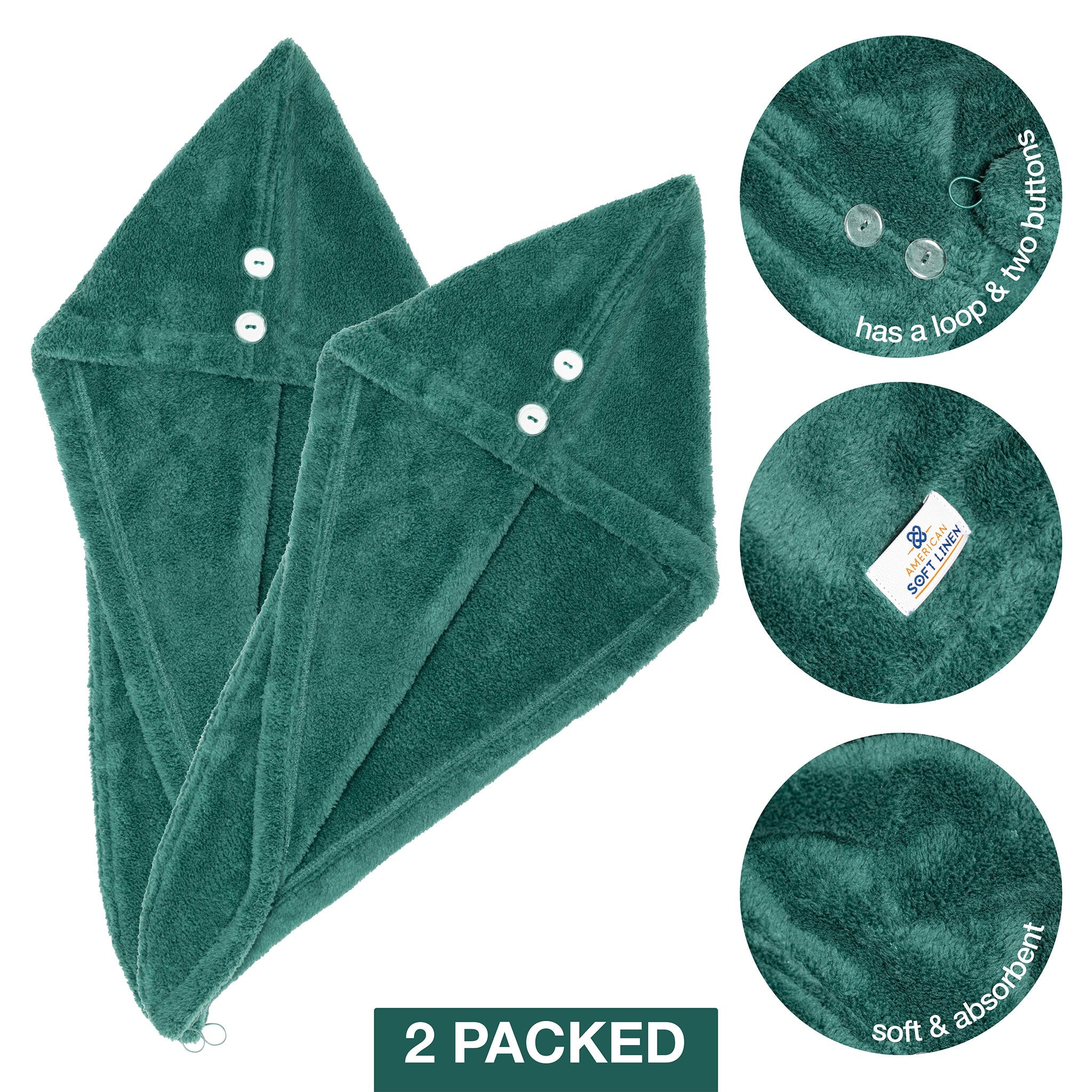 American Soft Linen Extremely Soft, Super Absorbent and Fast Drying Hair Towel with 2 buttons