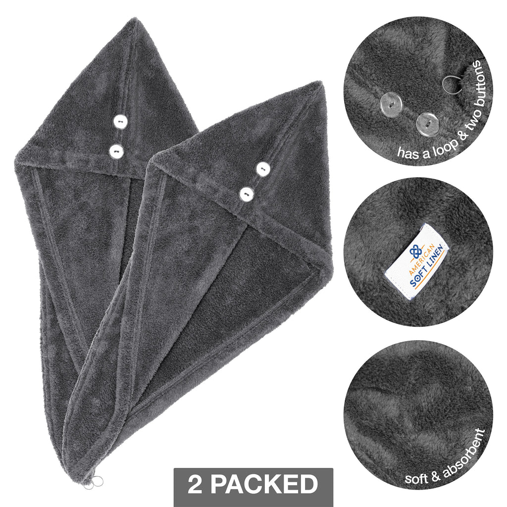 American Soft Linen Extremely Soft, Super Absorbent and Fast Drying Hair Towel with 2 buttons