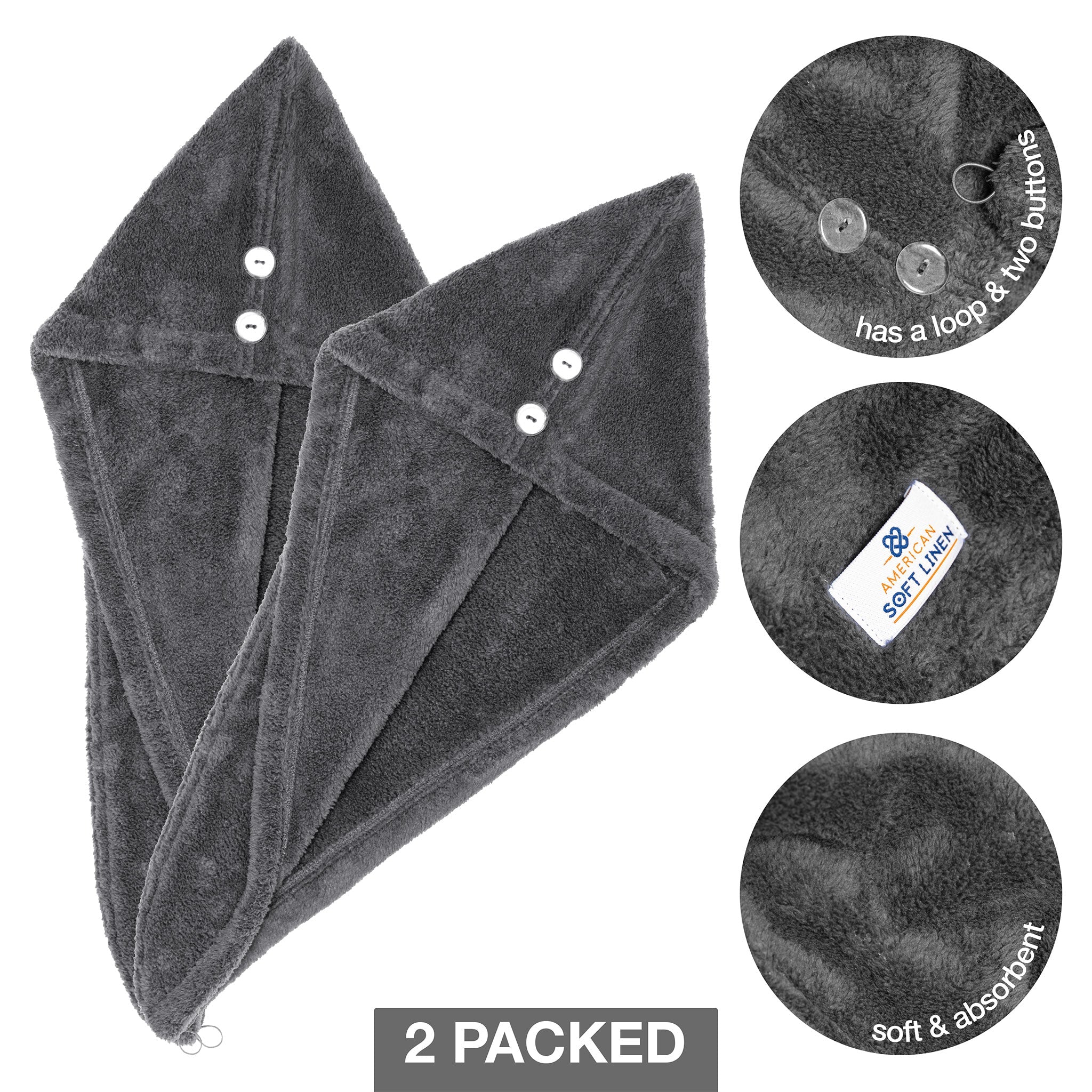 American Soft Linen Extremely Soft, Super Absorbent and Fast Drying Hair Towel with 2 buttons