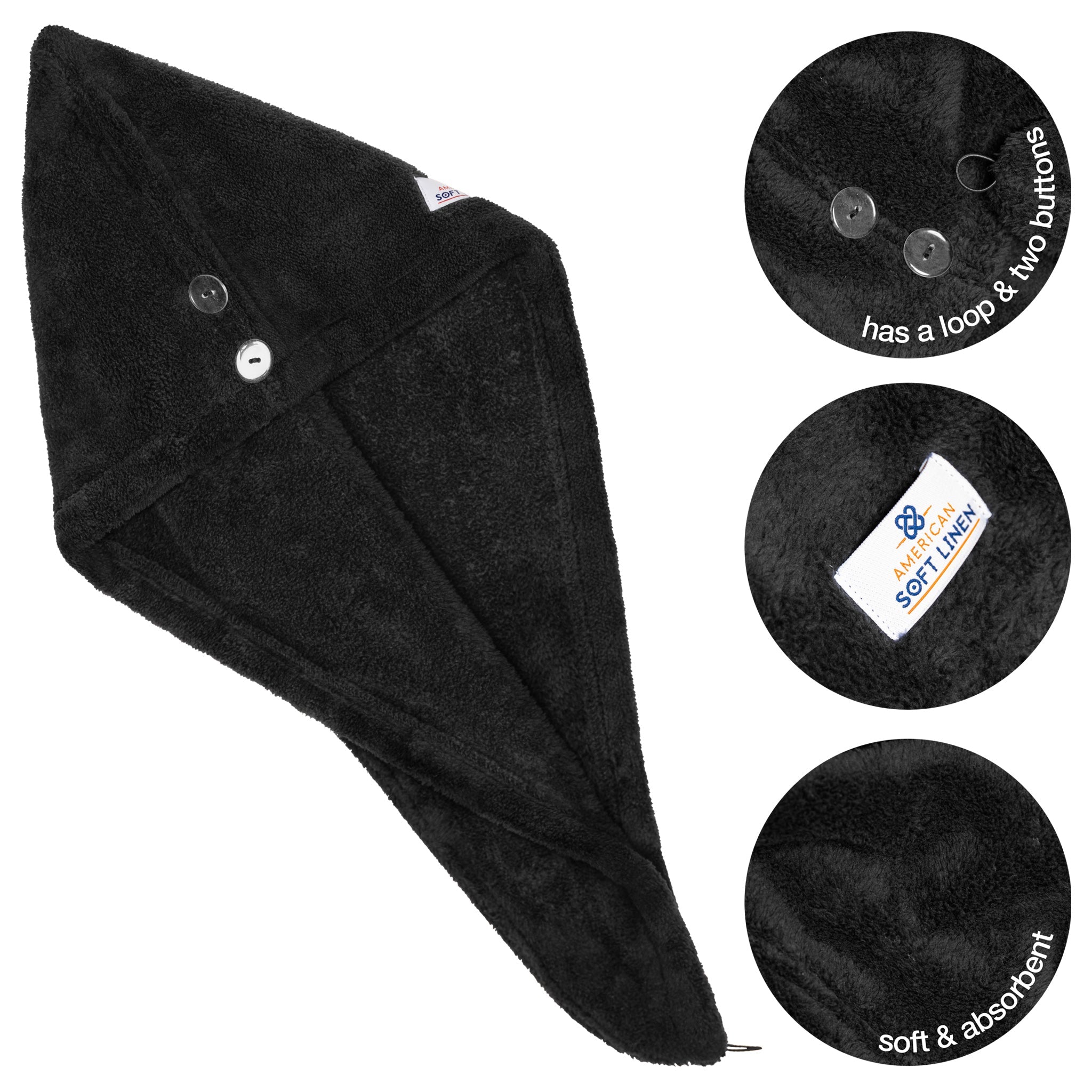 American Soft Linen Extremely Soft, Super Absorbent and Fast Drying Hair Towel with 2 buttons