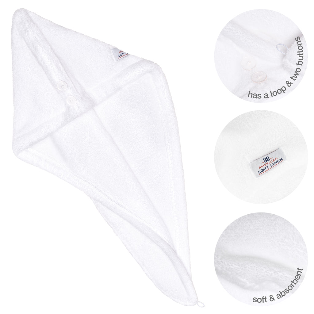 American Soft Linen Extremely Soft, Super Absorbent and Fast Drying Hair Towel with 2 buttons