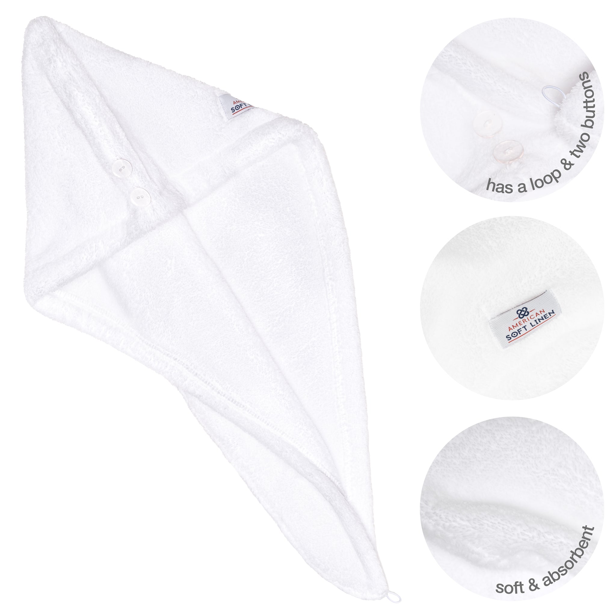 American Soft Linen Extremely Soft, Super Absorbent and Fast Drying Hair Towel with 2 buttons