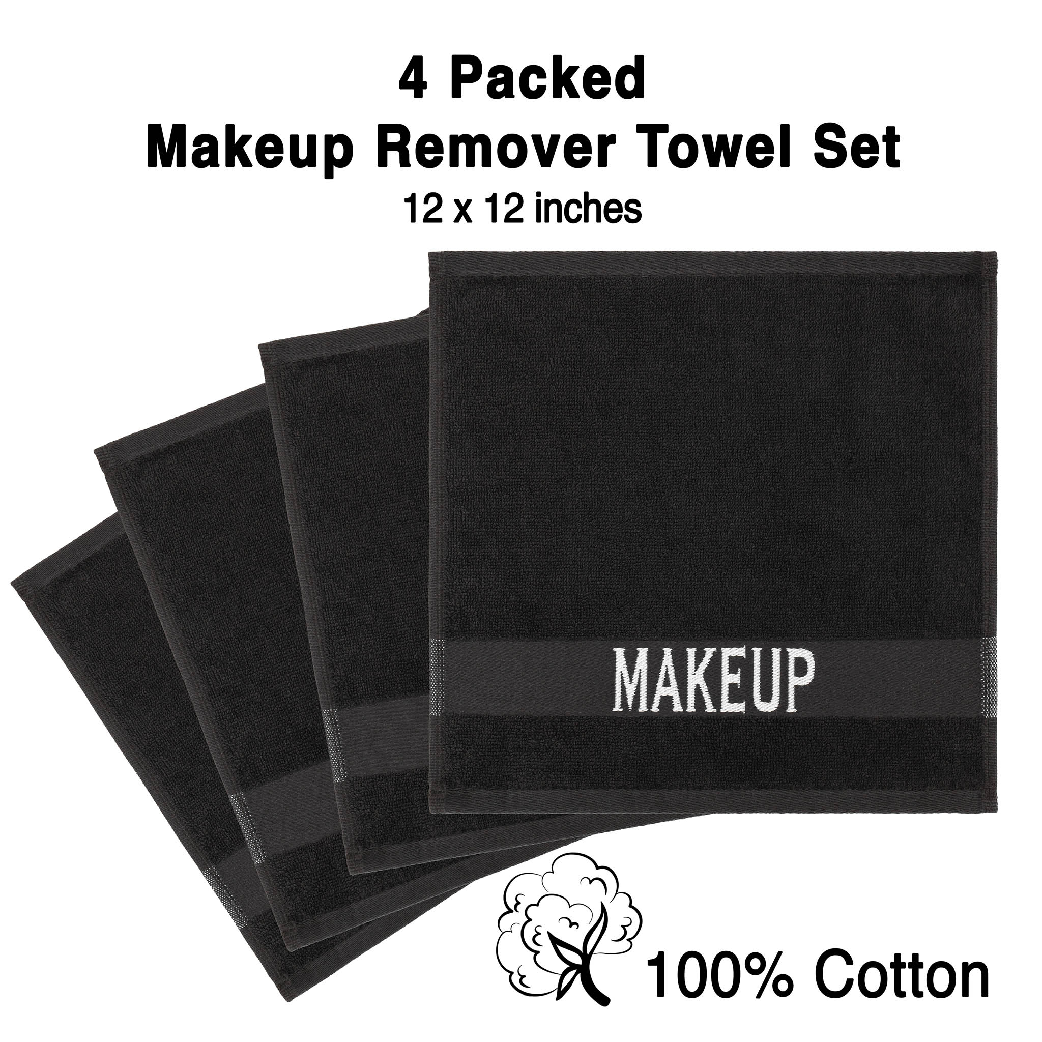 American Soft Linen, Makeup Remover Face Cloth, 100% Cotton Makeup Towels, 4 Packed Face Towels, 12x12 inches, Black - 100 Set Case Pack
