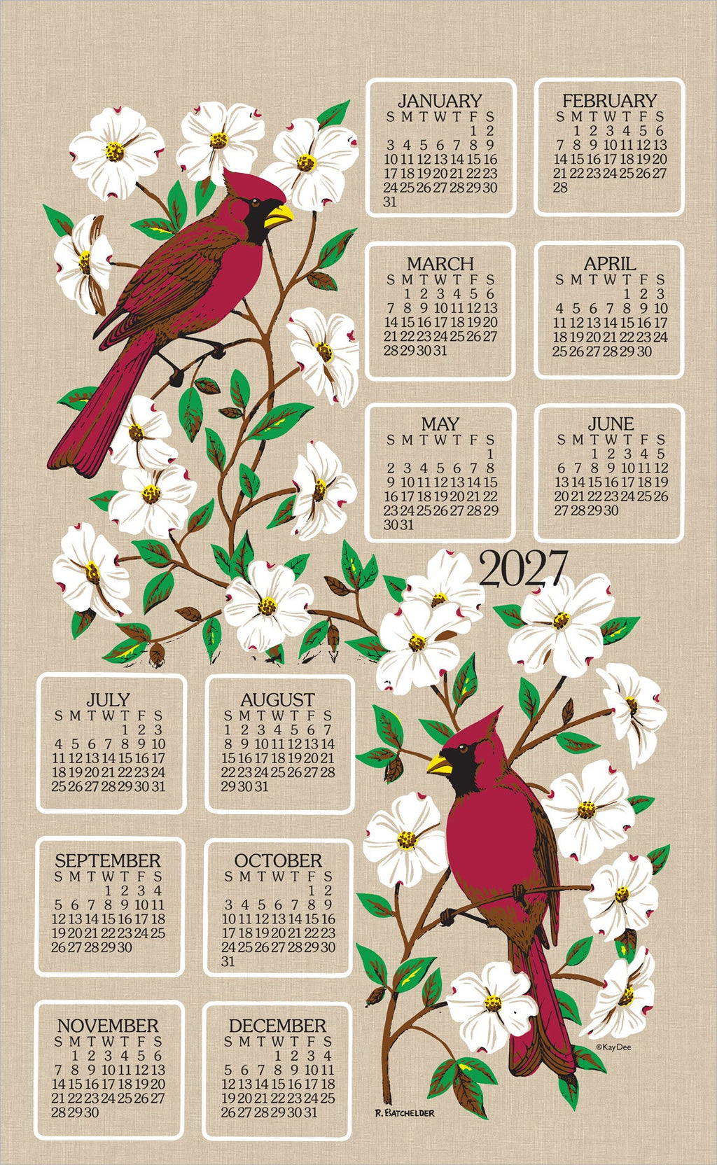 2027 Linen Calendar Towel - Dogwood and Cardinal