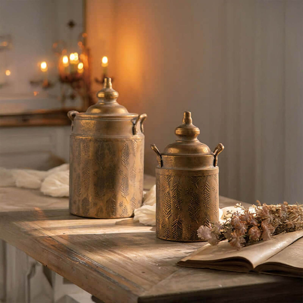 Antique Brass Embossed Storage Canisters with Lids