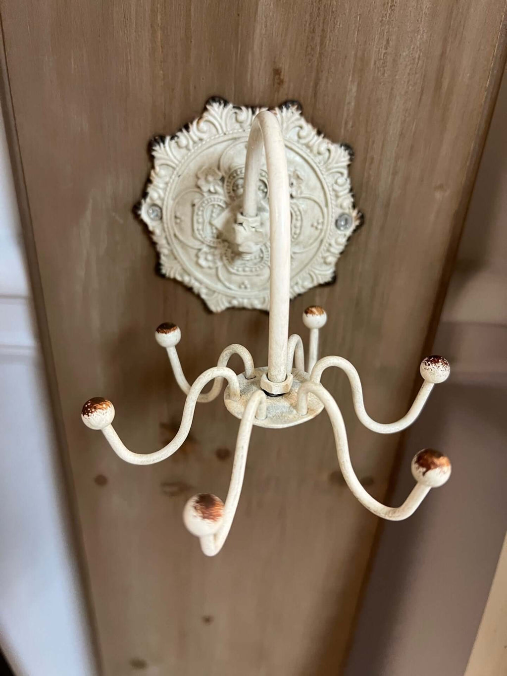 Antique White Wall Hook with Ornate Medallion Backplate