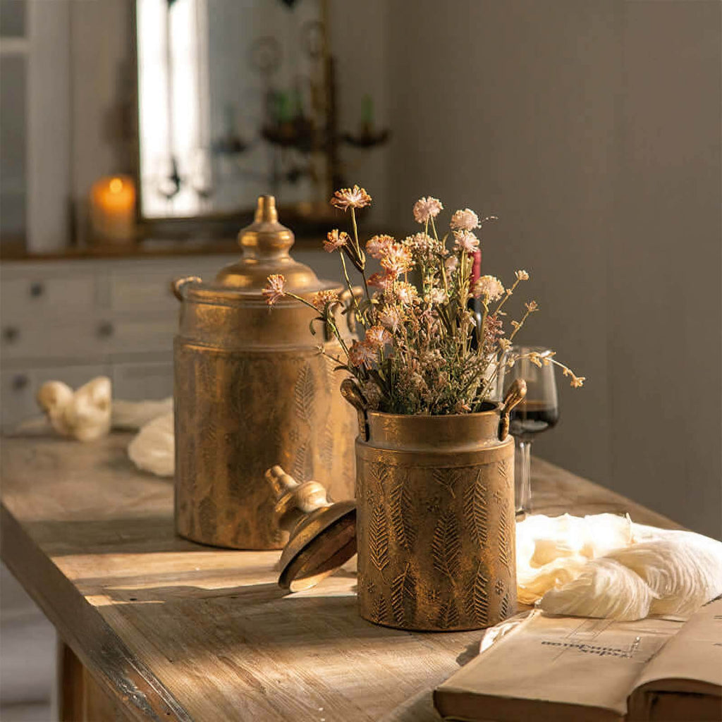 Antique Brass Embossed Storage Canisters with Lids