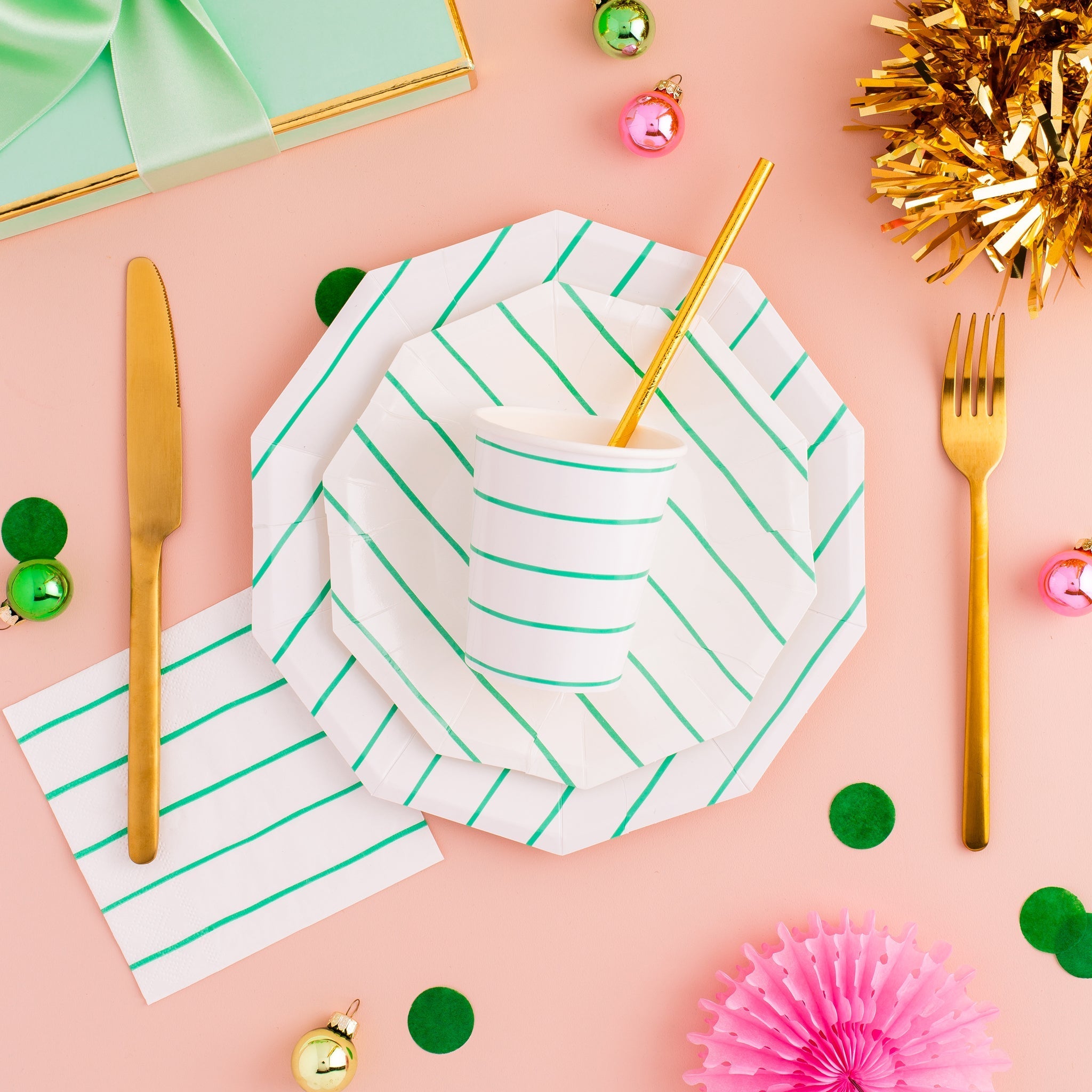 Aqua Green Striped Paper Cups
