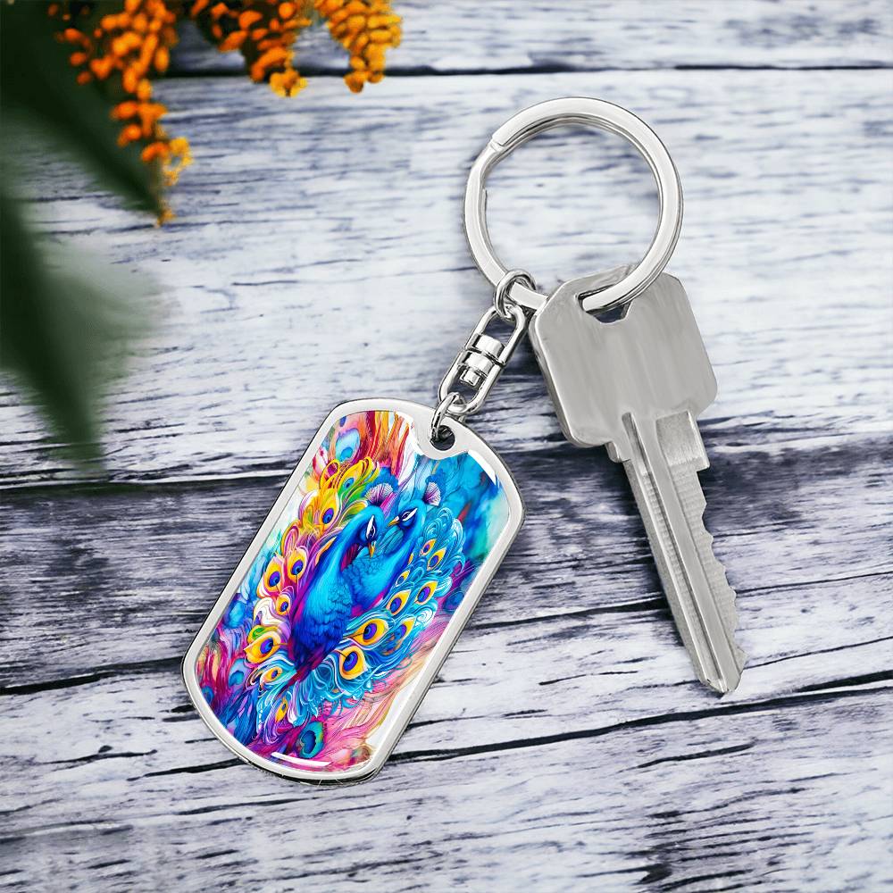 Colorful Blue Peacocks Graphic Dog Tags Keychain