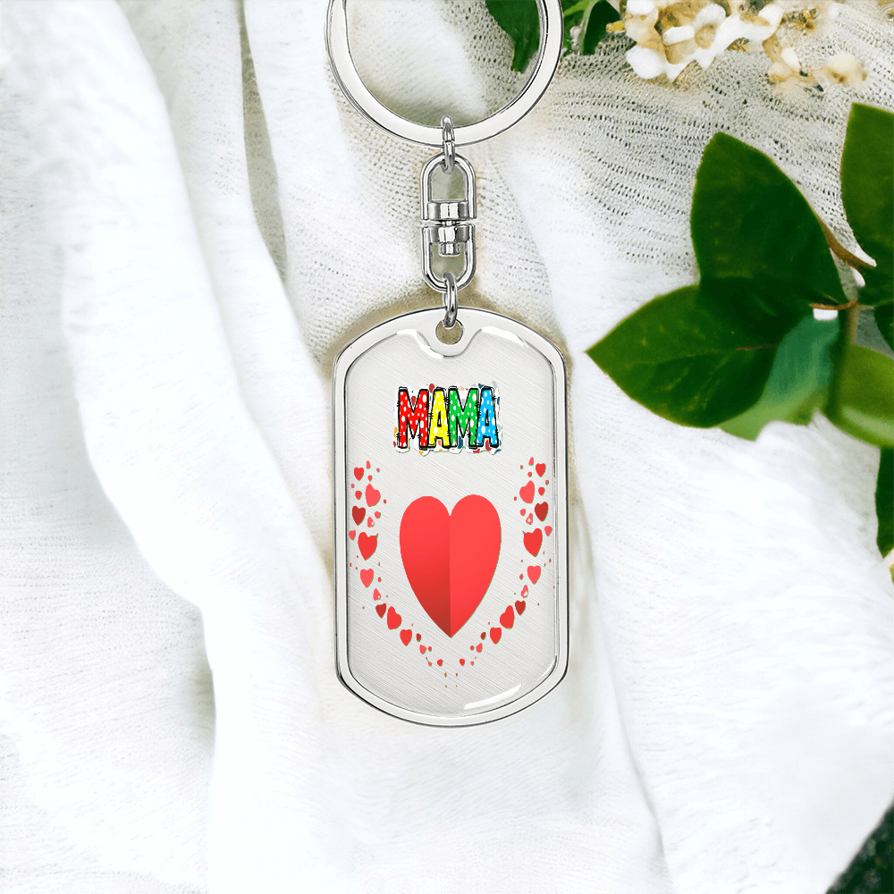 Mama with Hearts Graphic Dog Tag Keychain