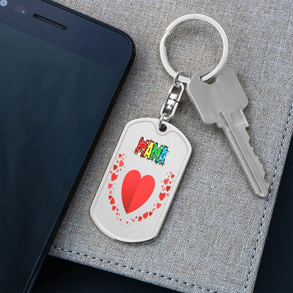 Mama with Hearts Graphic Dog Tag Keychain