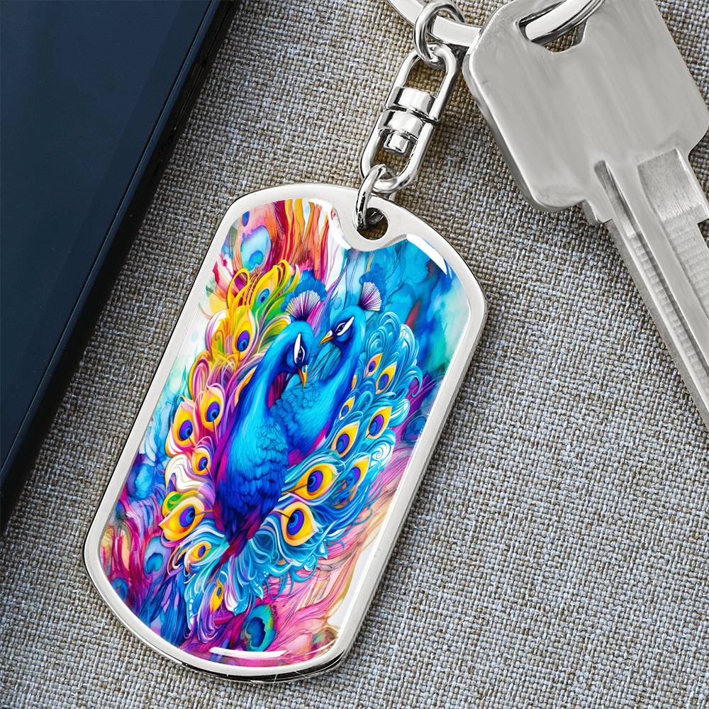 Colorful Blue Peacocks Graphic Dog Tags Keychain