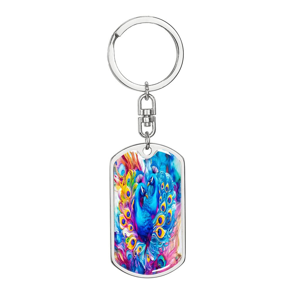 Colorful Blue Peacocks Graphic Dog Tags Keychain