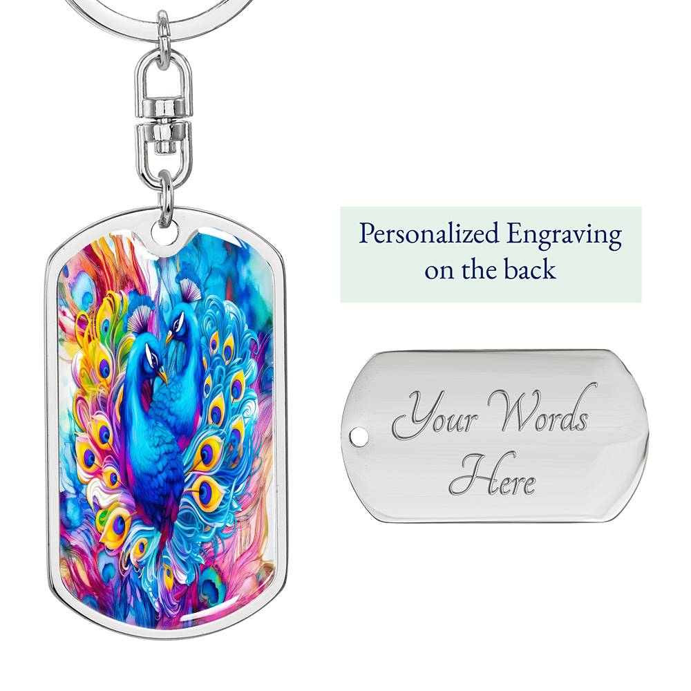 Colorful Blue Peacocks Graphic Dog Tags Keychain