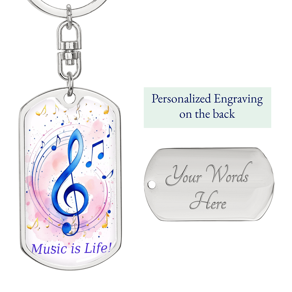 Music is Life Musical Notes Graphic Dog Tags Keychain