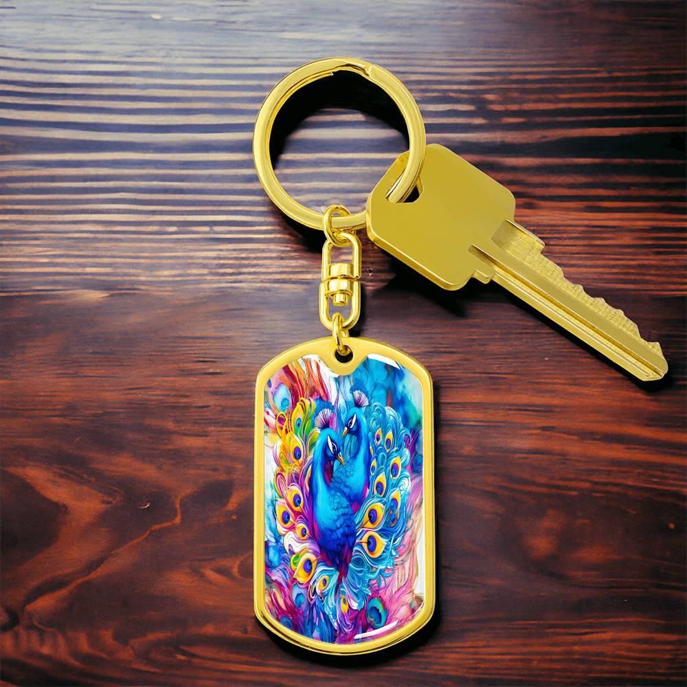 Colorful Blue Peacocks Graphic Dog Tags Keychain
