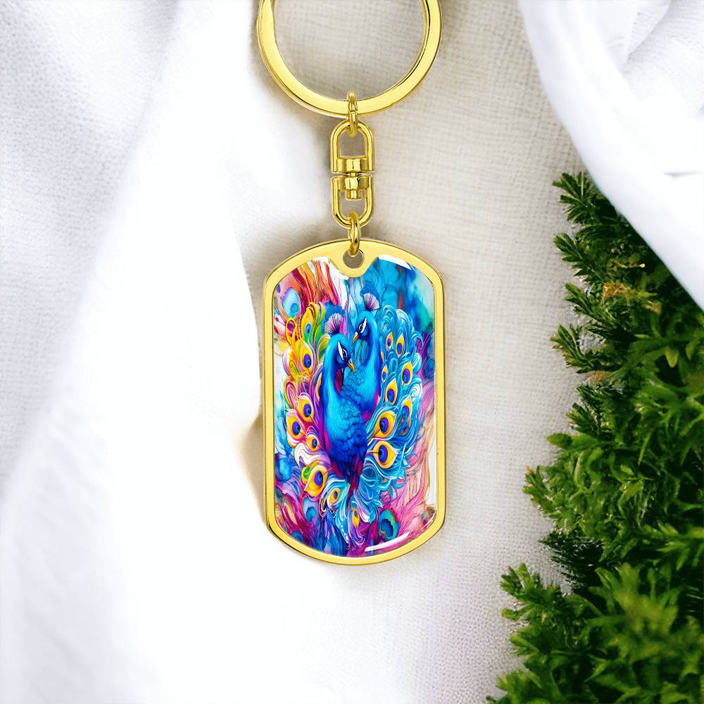 Colorful Blue Peacocks Graphic Dog Tags Keychain